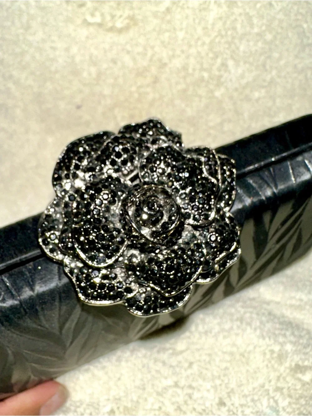 BC Bags Black Satin Rhinestone Rose Flower Clasp Hard Case